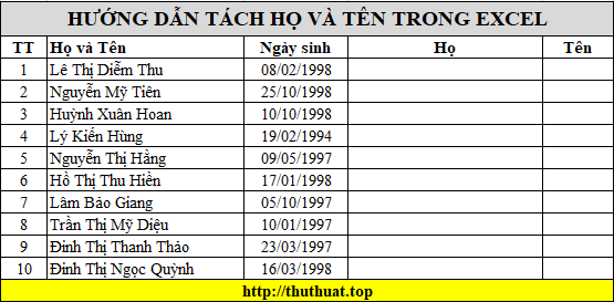 Tách họ và tên trong excel