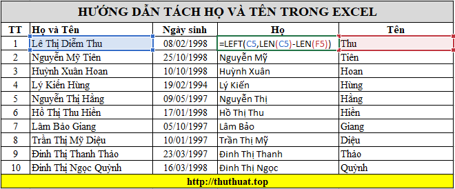 Tách họ và tên trong excel