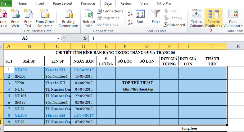 xoa du lieu trung trong excel2